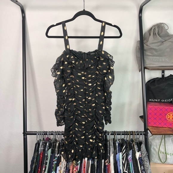 NASTY Gal Black Chiffon Ruched Metallic Gold Polka Dot Cold Shoulder Dress - Picture 1 of 6